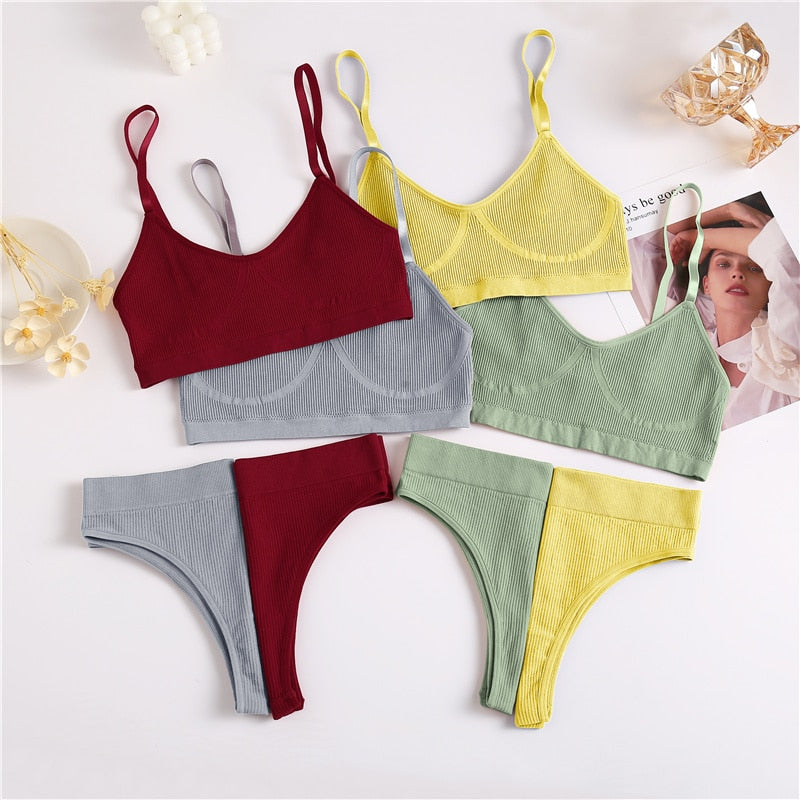 Two-piece ribbed bralette and underwear set by The Clothing Company Sydney, featuring stretchy crop tops and matching brassiere bottoms.