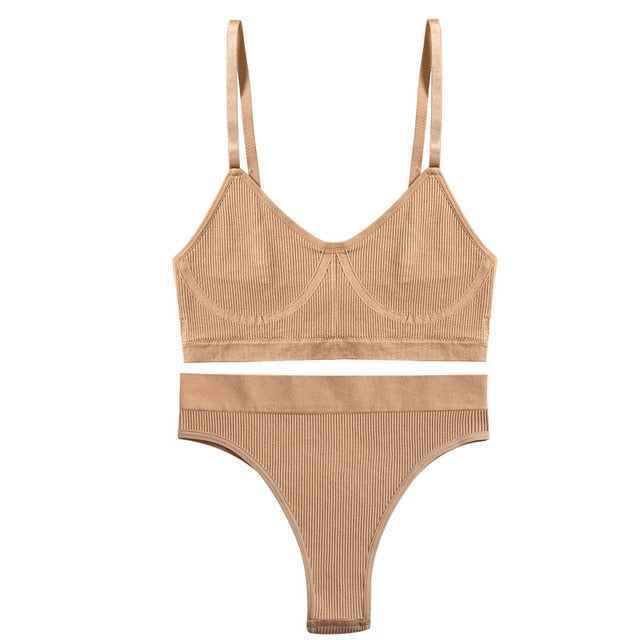 Two-piece ribbed bralette and tank crop top set from The Clothing Company Sydney, featuring stretchy, comfortable underwear and lingerie.