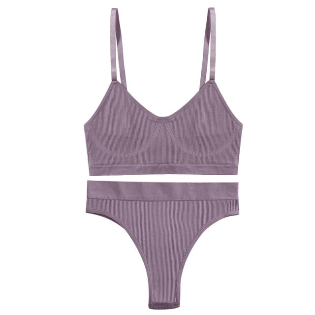 Two-piece ribbed bralette and crop top set from The Clothing Company Sydney, stretchy and comfortable lingerie underwear.