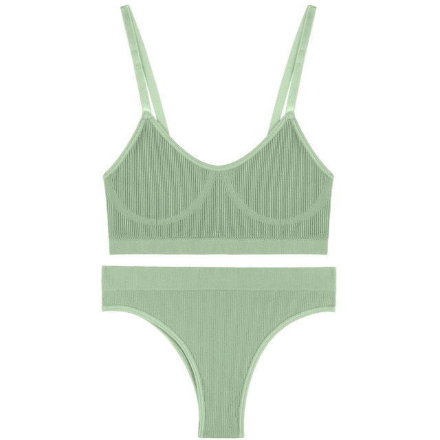 Two-piece ribbed bralette and crop top set by The Clothing Company Sydney, featuring stretchy, comfortable lingerie underwear.