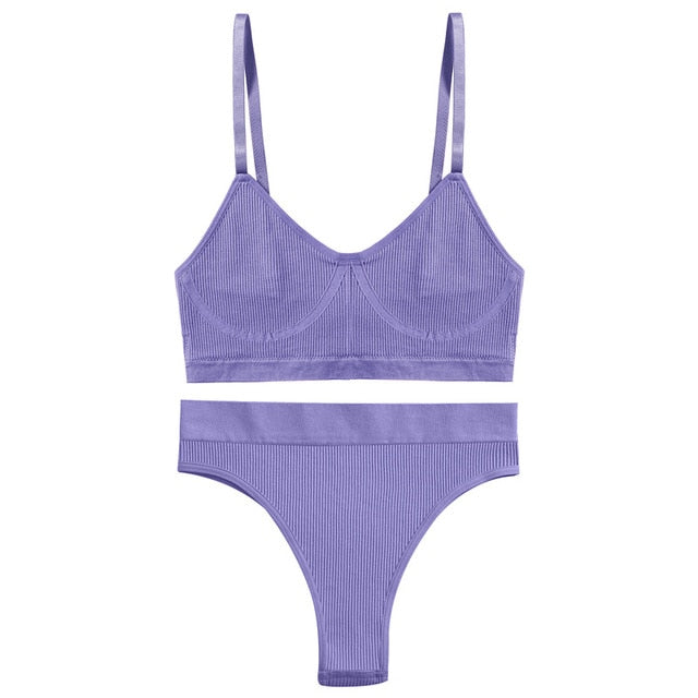 Two-piece ribbed bralette and crop top set by The Clothing Company Sydney, featuring stretchy, basic lingerie underwear.