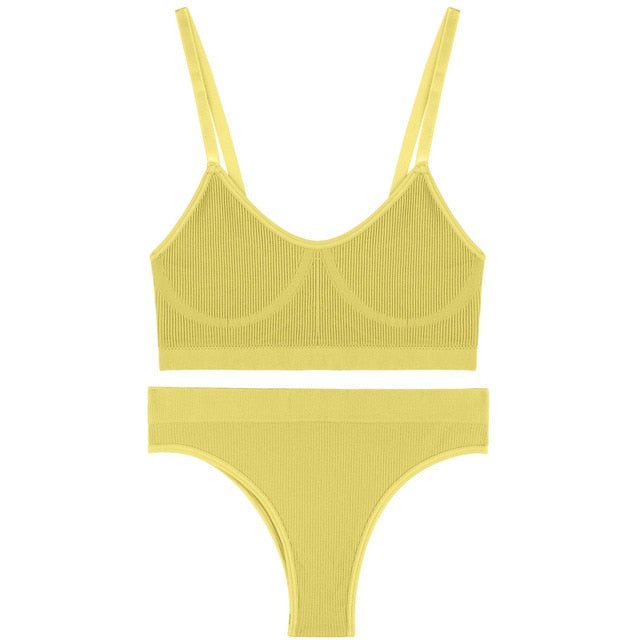 Two-piece ribbed bralette and crop top lingerie set from The Clothing Company Sydney, featuring stretchy, basic underwear for women.