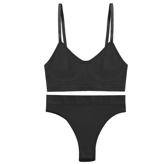 Two-piece ribbed bralette and crop top underwear set by The Clothing Company Sydney, featuring stretchy, basic tank-style bras.