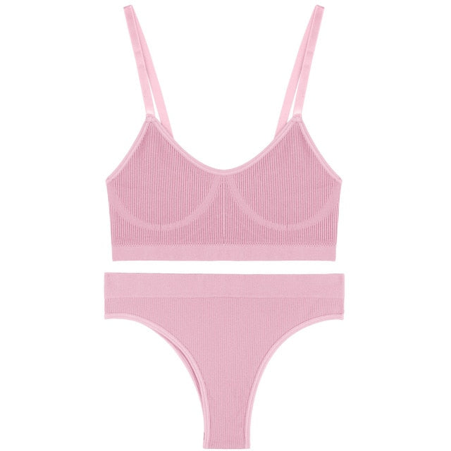 Two-piece ribbed bralette and tank crop top set by The Clothing Company Sydney, featuring stretchy, basic lingerie underwear.
