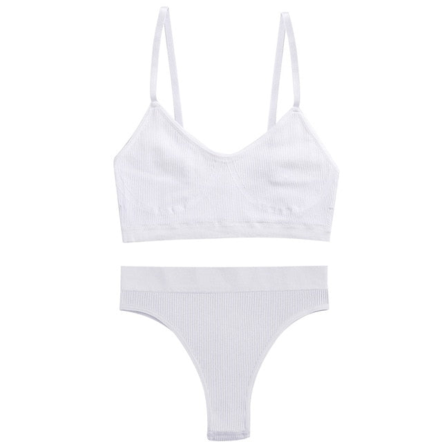 Two-piece lingerie set featuring ribbed bralette and crop tops from The Clothing Company Sydney, showcasing stretchy, basic underwear.