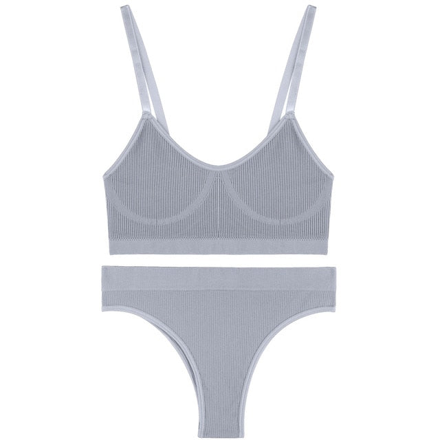 Two-piece ribbed bralette and crop top set by The Clothing Company Sydney, featuring stretchy, comfortable underwear and basic tank style.