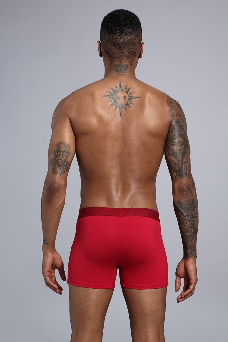 Four men's cotton boxer briefs from The Clothing Company Sydney, black and gray trunks in a pack.