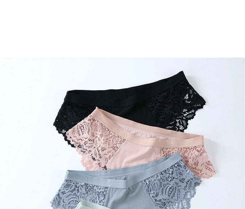 Three pairs of lace floral underwear briefs from The Clothing Company Sydney, featuring comfortable and stylish lingerie underpants.