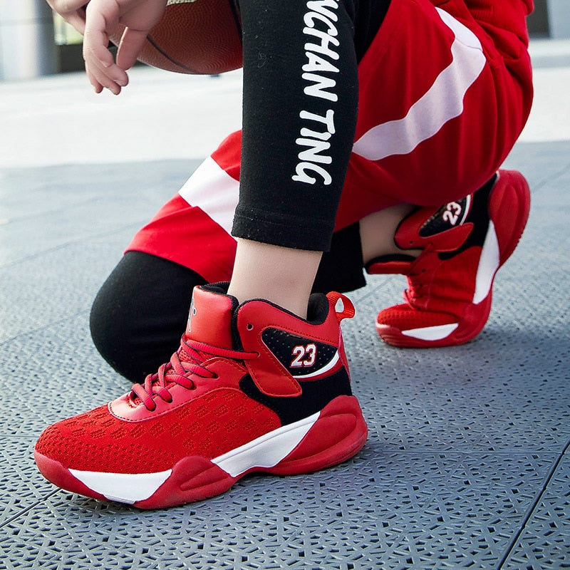 Kids' basketball shoes from The Clothing Company Sydney, breathable, non-slip sport sneakers for boys and girls.