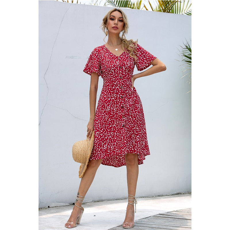 Summer midi dress by The Clothing Company Sydney featuring V-neck, printed pattern, single row buttons, high waist, casual holiday style.