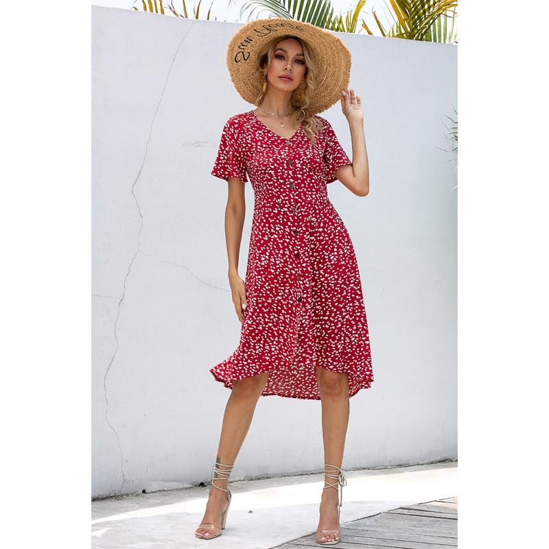Summer midi dress by The Clothing Company Sydney featuring a v-neck, printed pattern, single row buttons, high waist, and casual style.