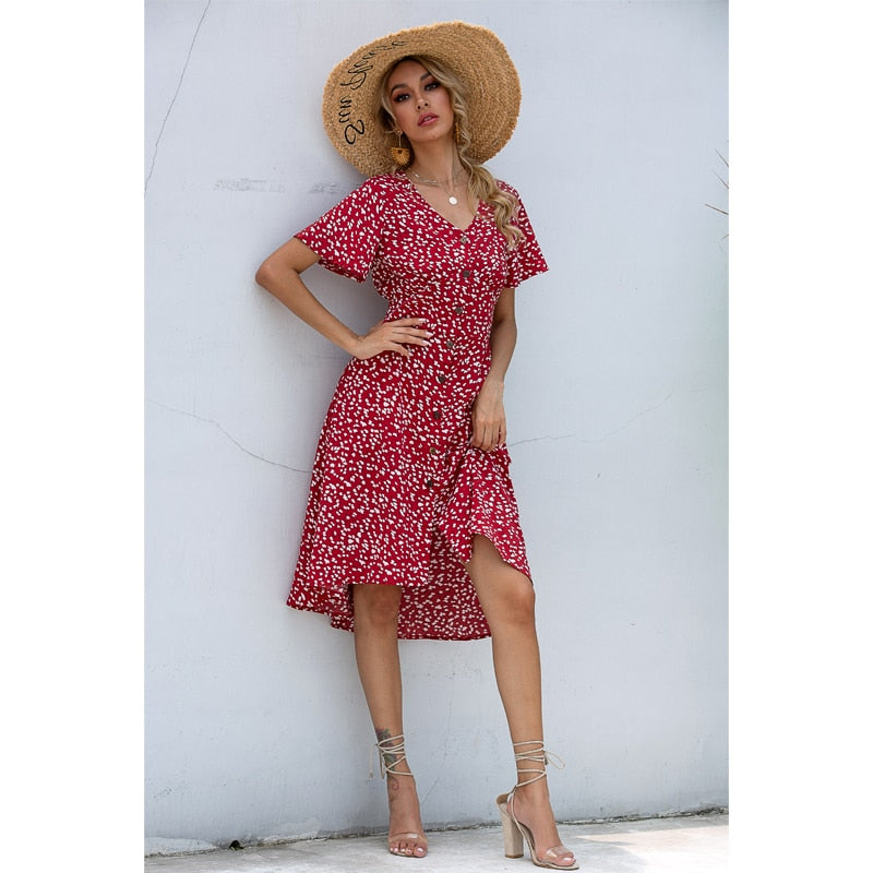 Summer midi V-neck dress by The Clothing Company Sydney featuring printed fabric, single row buttons, slim high waist, casual holiday style.