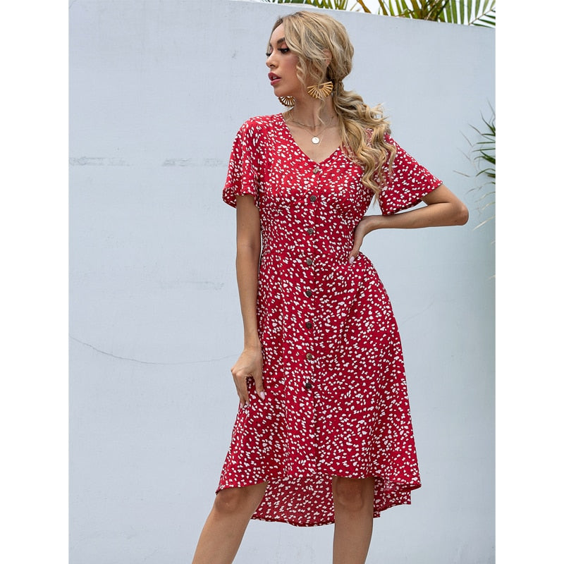 Summer midi dress by The Clothing Company Sydney featuring V-neck, printed fabric, single row buttons, slim fit, high waist for casual holidays.