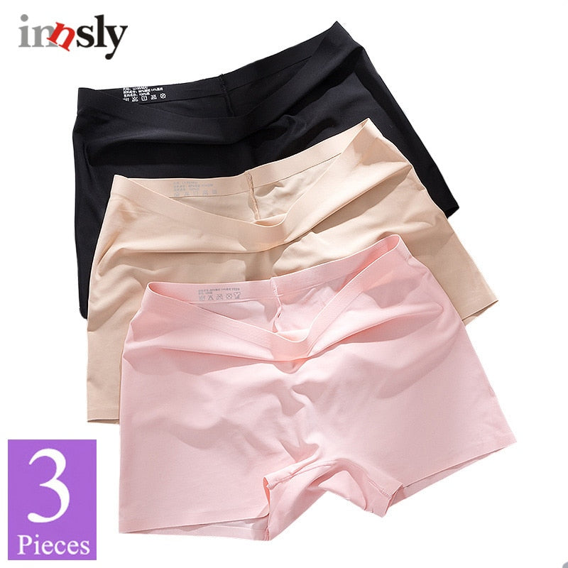 Three-pack of seamless ice silk ladies boyshorts from The Clothing Company Sydney, breathable mid-waist safety boxer underwear.