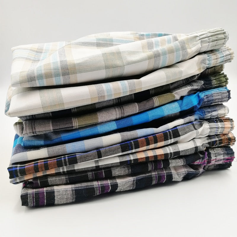 Four pairs of men's cotton breathable plaid summer underwear shorts from The Clothing Company Sydney, flexible and comfortable boxer briefs.