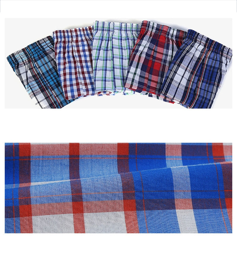 Four men's breathable cotton plaid summer underwear shorts with flexible boxer briefs by The Clothing Company Sydney.