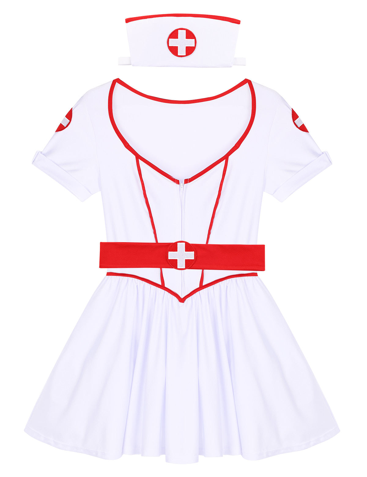 Three-piece nurse cosplay costume including V-neck dress, headband, and belt, perfect for Halloween parties.