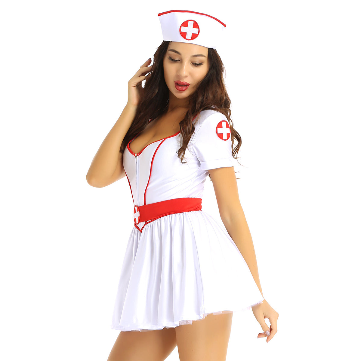 3-piece nurse cosplay costume including V-neck dress, headband, and belt, perfect for Halloween parties, by The Clothing Company Sydney