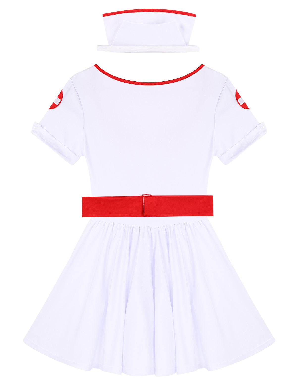 Three-piece nurse cosplay costume including a V-neck dress, headband, and belt, perfect for Halloween parties.