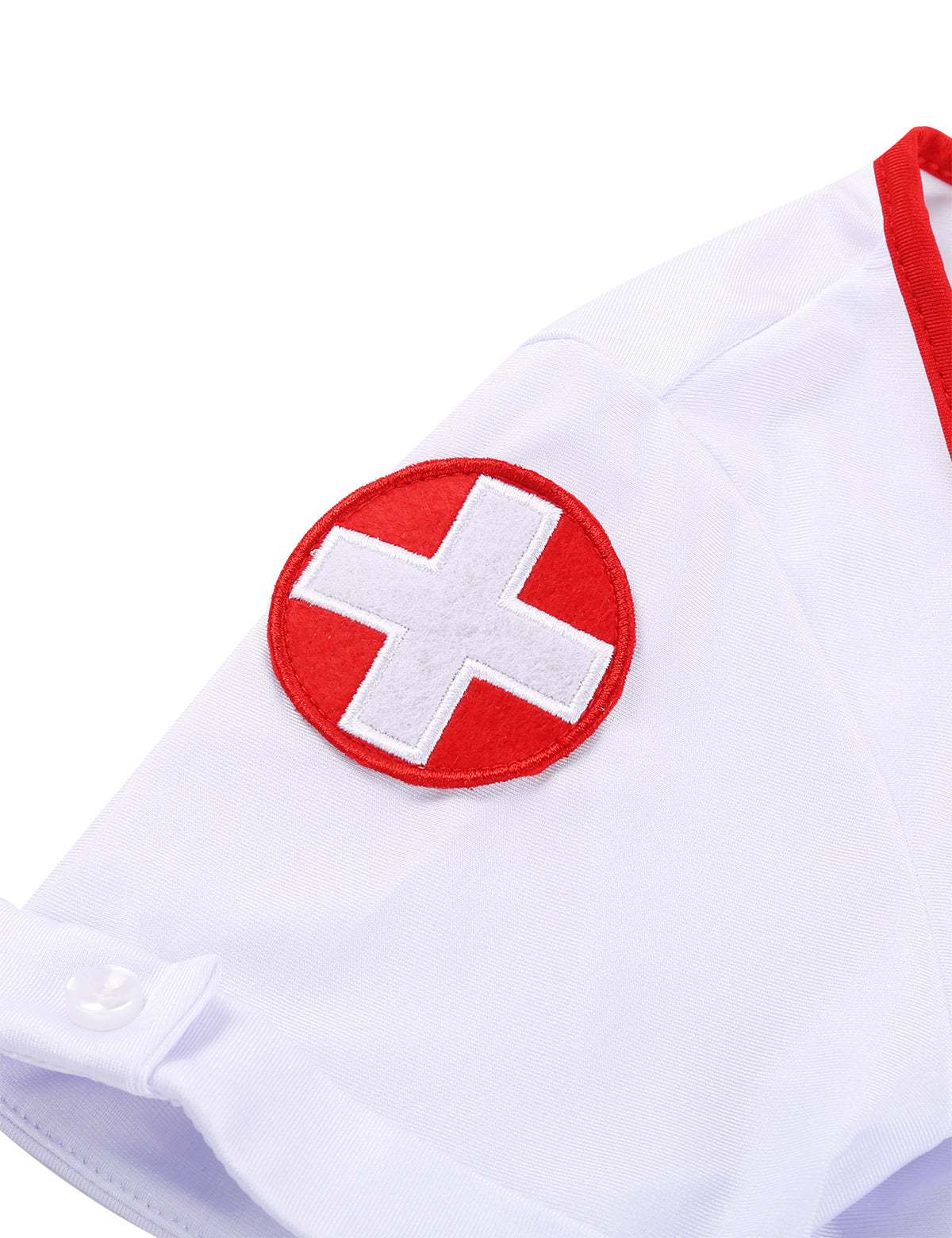 Three-piece nurse cosplay costume including a V-neck dress, headband, and belt, ideal for Halloween or themed parties.