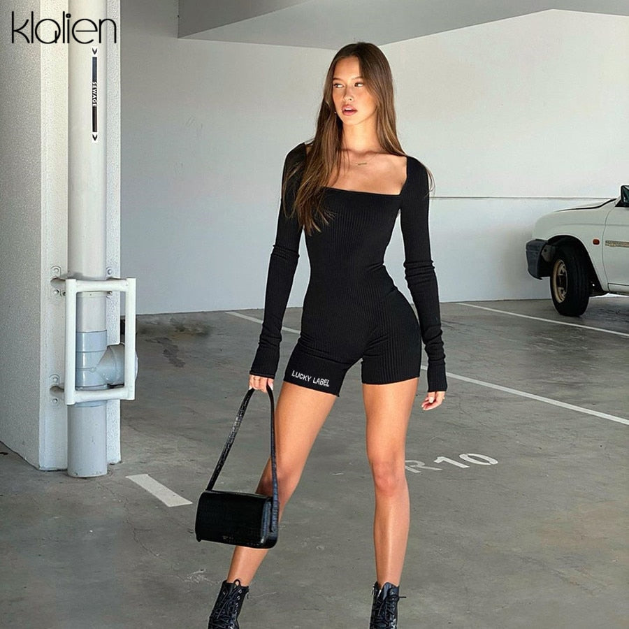Casual streetwear black spring summer print letter skinny playsuit elastic yoga fitness sportwear playsuit The Clothing Company Sydney