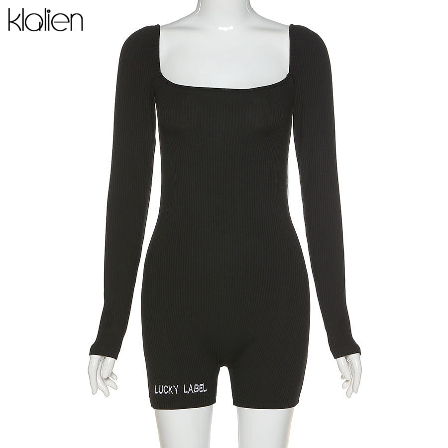 Casual streetwear black spring summer print letter skinny playsuit elastic yoga fitness sportwear playsuit The Clothing Company Sydney