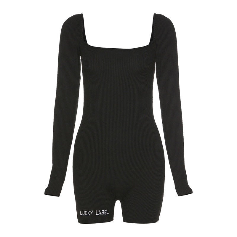 Casual streetwear black spring summer print letter skinny playsuit elastic yoga fitness sportwear playsuit The Clothing Company Sydney
