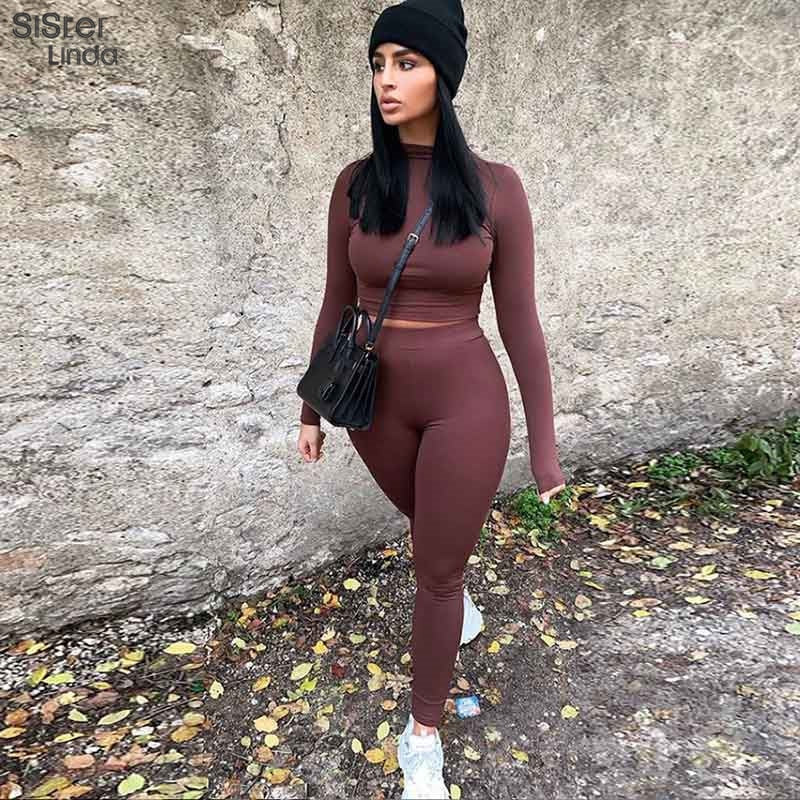 Two-piece sporty activewear set with long sleeve tops and leggings from The Clothing Company Sydney, perfect for fall workouts.