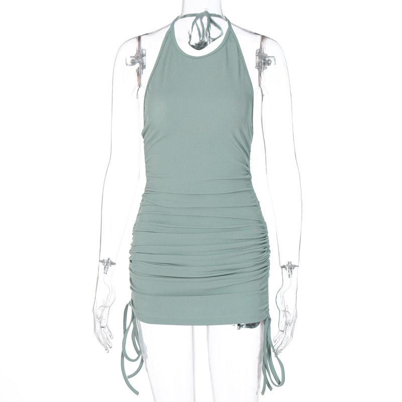 Black drawstring ruched halter backless mini dress by The Clothing Company Sydney, sleeveless, bodycon fit for summer parties.