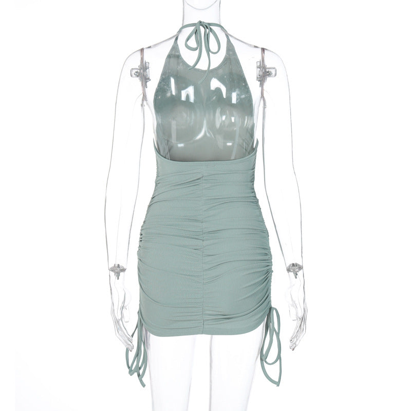 Backless drawstring ruched halter mini dress by The Clothing Company Sydney, sleeveless and bodycon for summer parties.