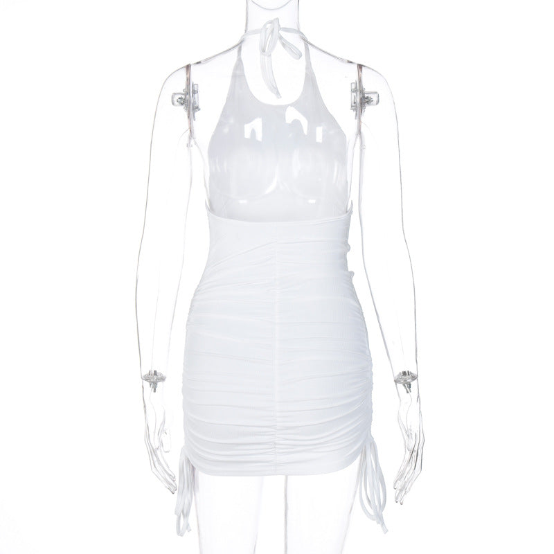 Backless drawstring ruched halter mini dress from The Clothing Company Sydney, sleeveless bodycon style for summer parties.