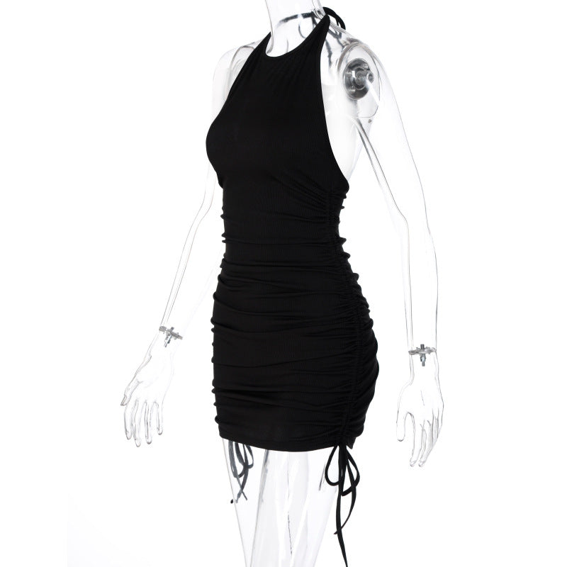 Backless, ruched drawstring halter mini dress by The Clothing Company Sydney featuring sleeveless bodycon fit for summer parties.