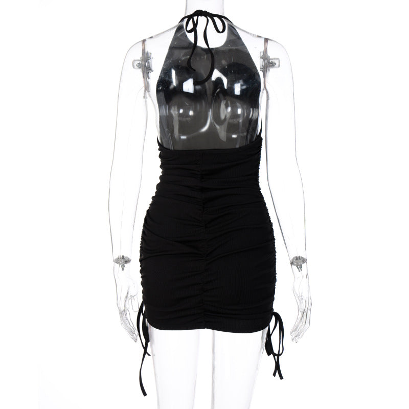 Backless drawstring ruched halter mini dress by The Clothing Company Sydney, sleeveless bodycon style perfect for summer parties.