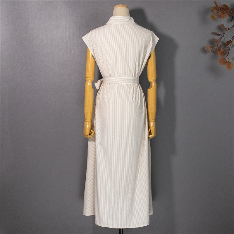 Multi-color striped sleeveless shirt dress by The Clothing Company Sydney, casual oversize long dress with lace-up detail.