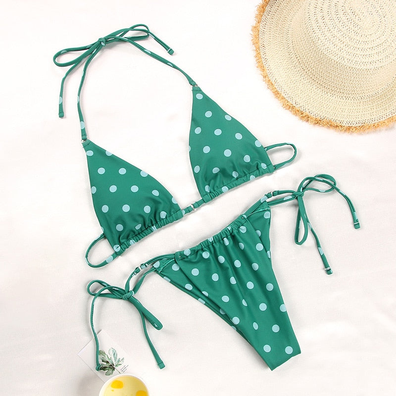 Solid color bikini set with floral print by The Clothing Company Sydney, featuring string design and stylish swimwear for women.