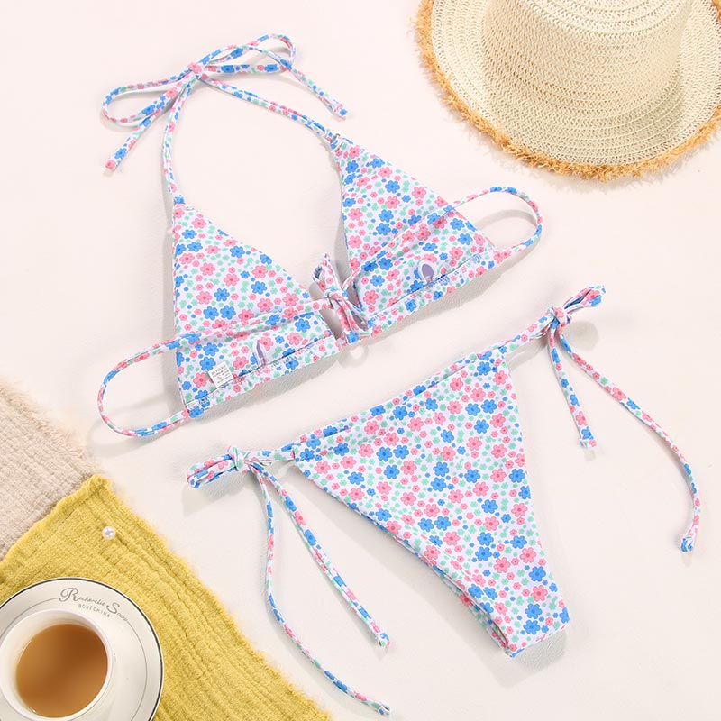 Solid color bikini set with floral print, string swimwear from The Clothing Company Sydney, featuring a stylish bathing suit design.