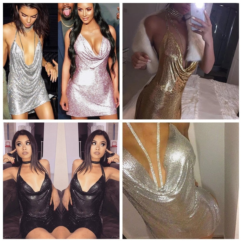 Deep V neck halter split sequined dress for women, backless with rhinestone chain, ideal for party or evening events.