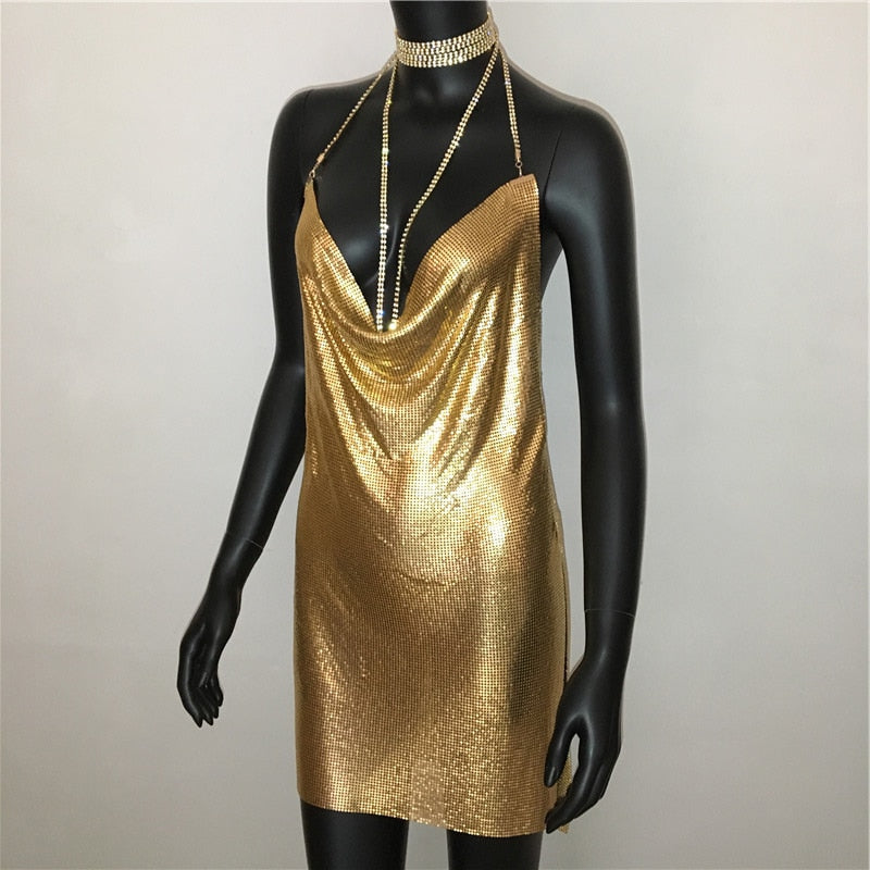 Deep V neck halter split sequined dress for women with backless design and rhinestone chain, perfect for parties by The Clothing Company Sydney.