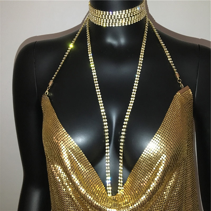 Deep V-neck halter sequined dress for women with backless design and rhinestone chain, from The Clothing Company Sydney.