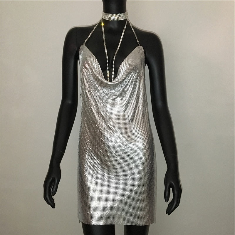 Deep V-neck halter split sequined dress for women with rhinestone chain, backless design, and metal accents by The Clothing Company Sydney