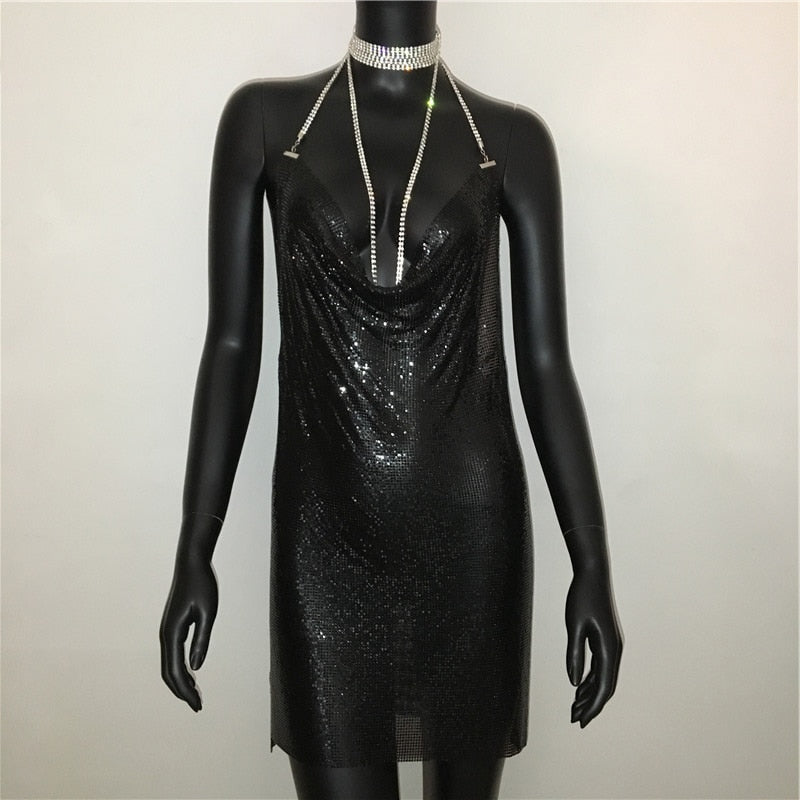 Deep V neck halter sequined dress for women, backless design with rhinestone chain, perfect for parties and evening events.