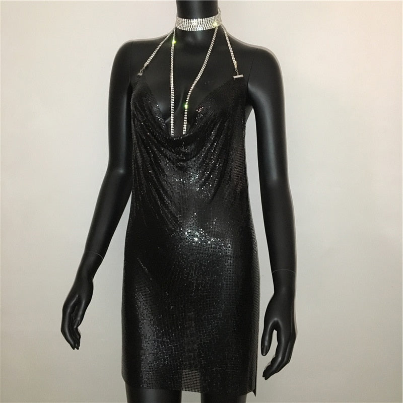 Deep V neck halter split sequined dress for women with backless design and rhinestone chain detail, by The Clothing Company Sydney.