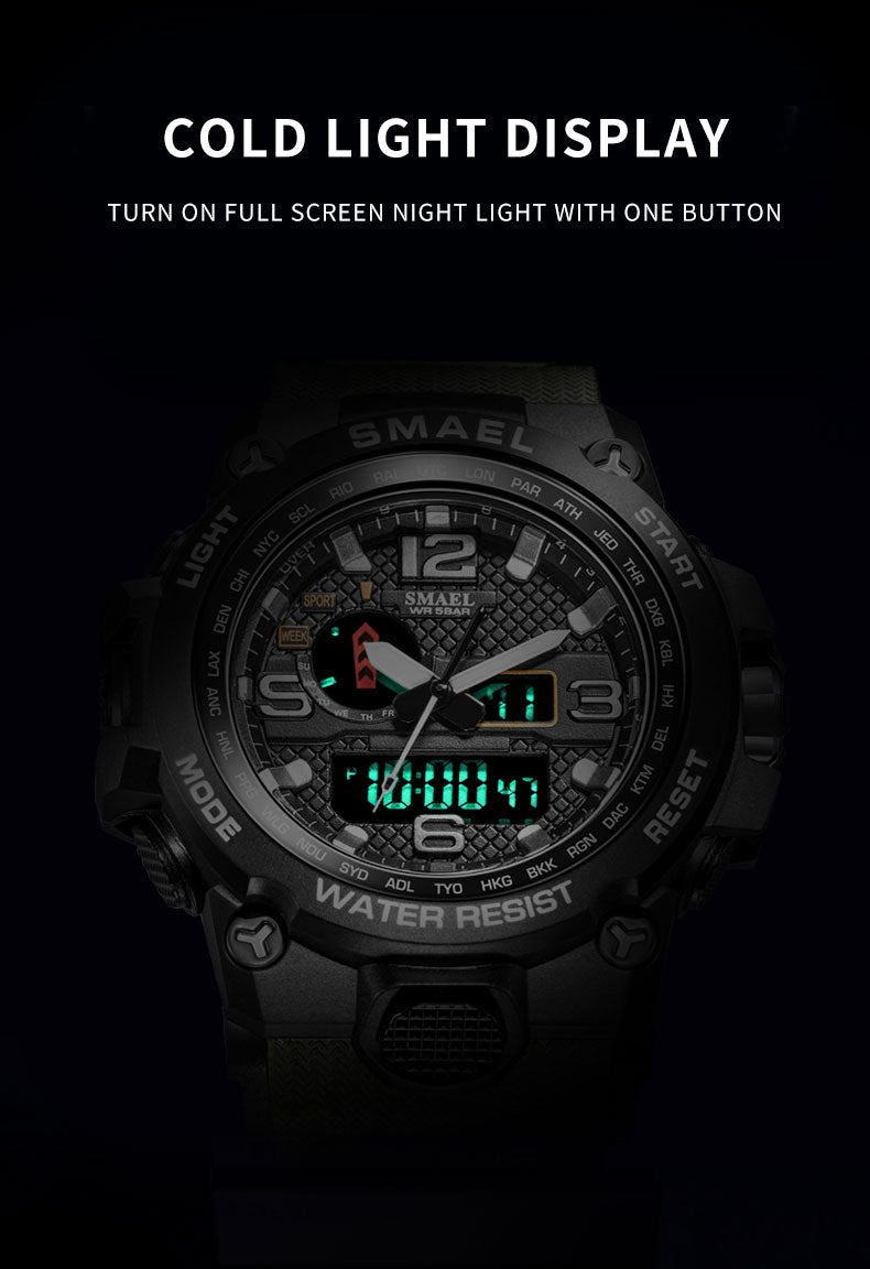 Water-resistant military-style wristwatch with dual display, quartz movement, and alarm, designed for sports and outdoor use.