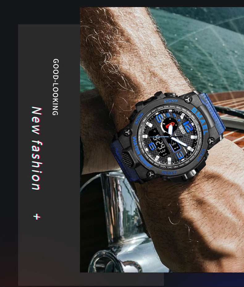 Water-resistant 50M men's quartz wristwatch with dual-display military style alarm clock by The Clothing Company Sydney.