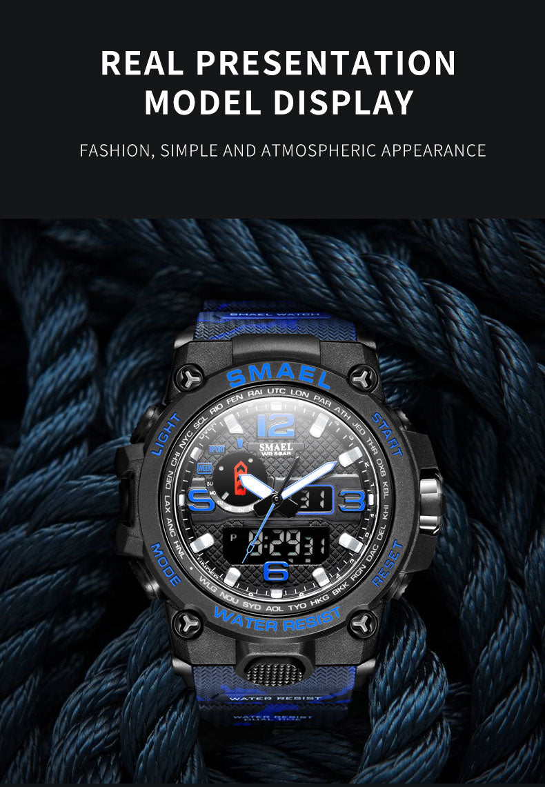 Water-resistant 50M men's sports wristwatch with dual display, quartz movement, military style, by The Clothing Company Sydney.