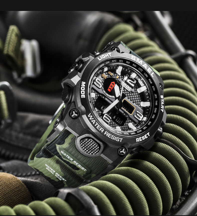Water-resistant 50M men's wristwatch by The Clothing Company Sydney, quartz military style with dual display and alarm features.