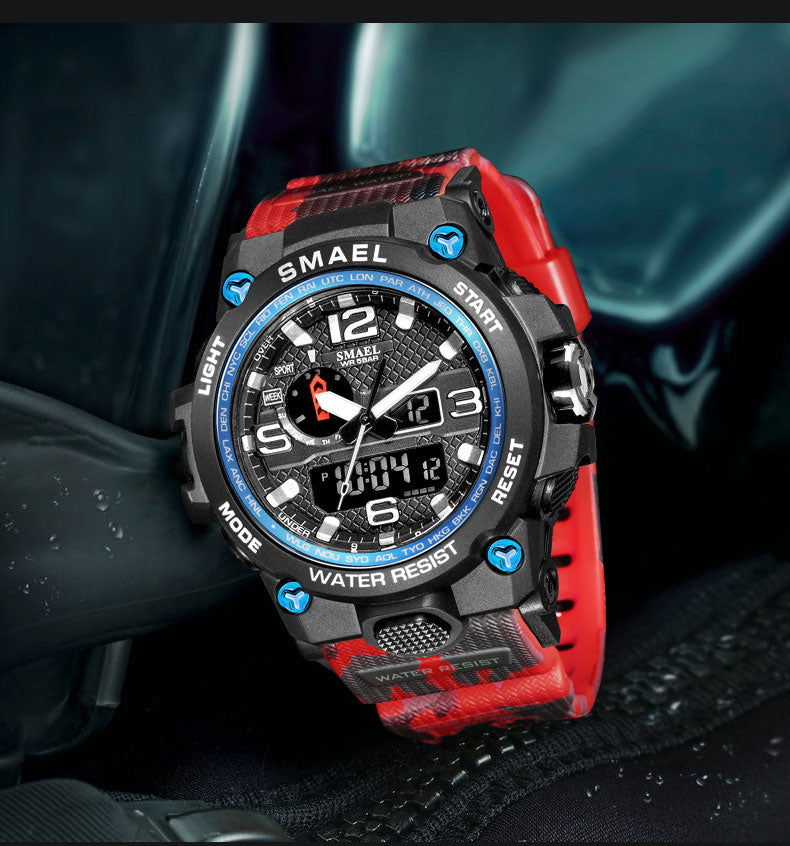 50M water-resistant military-style quartz wristwatch with dual display and alarm, designed for sports and outdoor use.