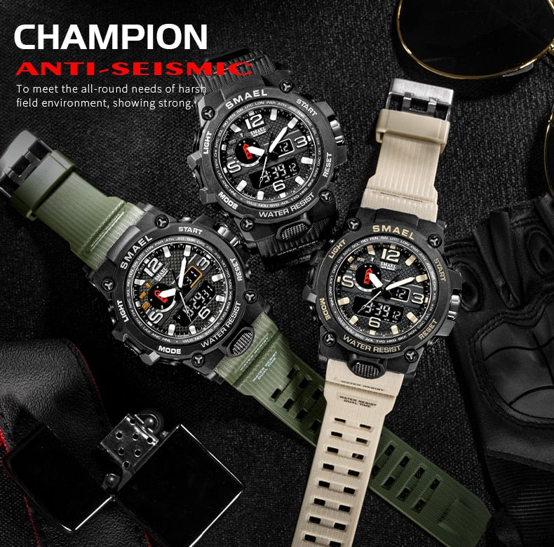 Water-resistant 50M men's military sport wristwatch with dual display, quartz movement, ideal for outdoor and everyday wear.