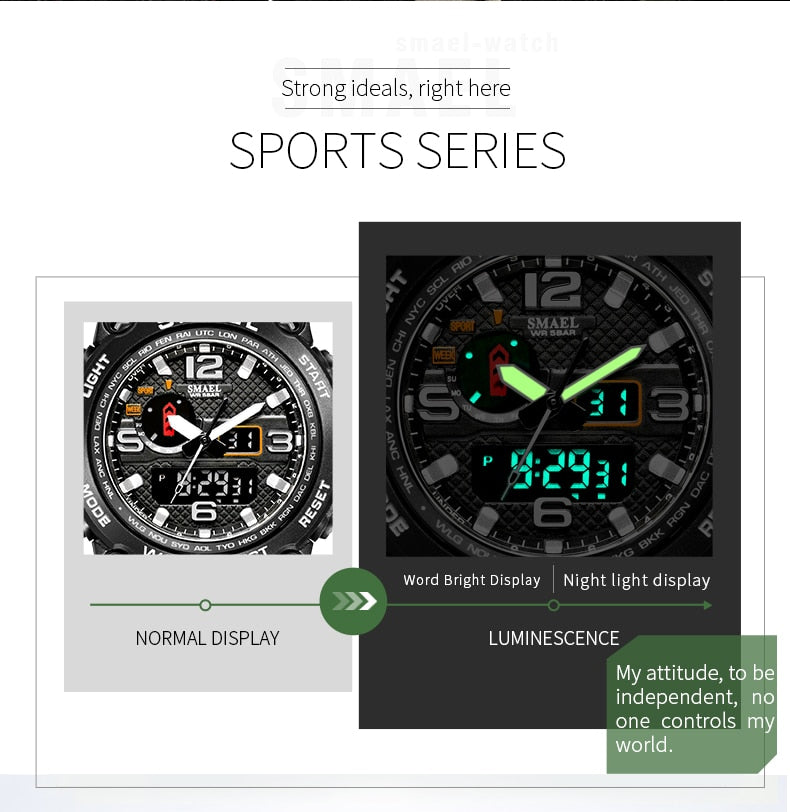 Water-resistant 50M men's military-style quartz wristwatch with dual display and alarm from The Clothing Company Sydney.