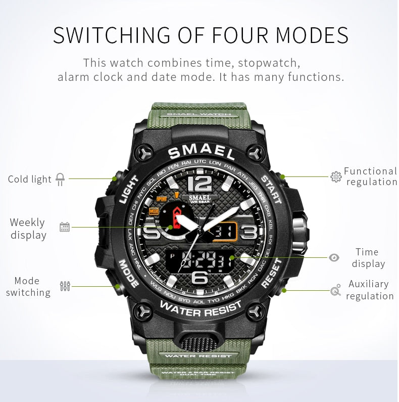 Water-resistant 50M men's military wristwatch with dual display, quartz movement, sport design, from The Clothing Company Sydney.